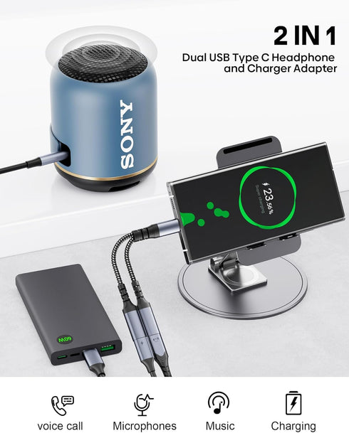 USB C Splitter, Dual USB C Headphone and Charger Adapter,2 in 1 Type C Audio Dongle Cable with PD 60W Fast Charging Support Call Music for iPhone 15, Pixel 4 3 XL, Galaxy S23 S22, iPad Pro