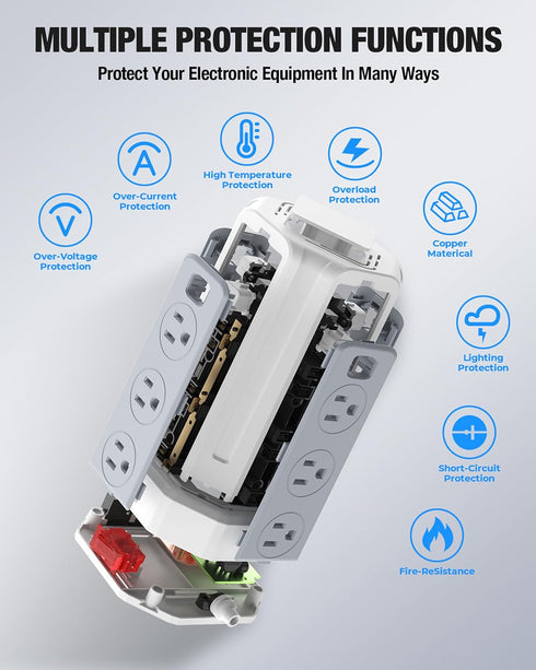Power Strip Surge Protector, 10 Ft Extension Cord with 12 AC Outlets, 4 USB (1 USB C), White Desktop Charging Station
