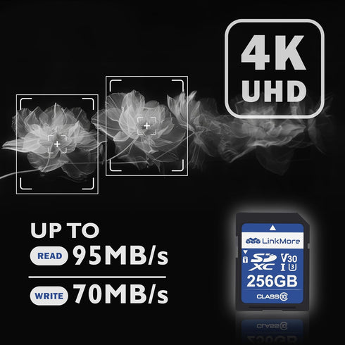 LinkMore 256GB SD Card, Compatible with Camera, PC, UHS-I, U3, V30, Class 10, Read Speed Up to 95 MB/s