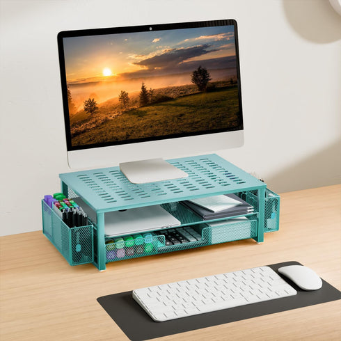 gianotter Monitor Stand with Drawer and Pen Holder, 2-Tier Blue Desk Accessories, Ideal for Office Supplies