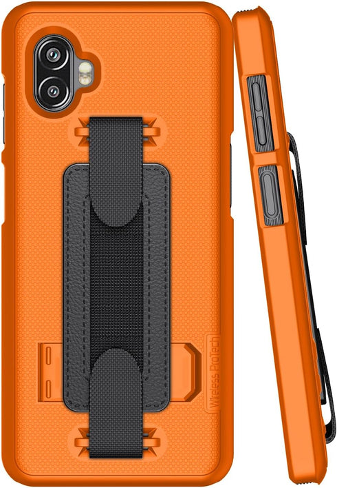 Samsung Galaxy XCover6 Pro (SM-G736) Case - Orange Shell with Hand Strap, Kickstand & Screen Protector.