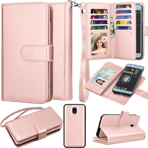 Takfox Galaxy J3 2018 Leather Wallet Case, Flip Folio with 9 Card Holder and Detachable Strap in Rose Gold