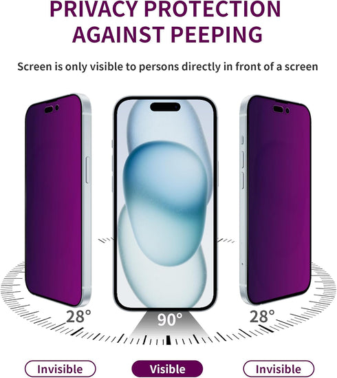 iPhone 15 Pro Max Privacy Screen Protector - 2 Pack Tempered Glass, Anti-Spy, Anti-Blue Light, Full Coverage, Bubble