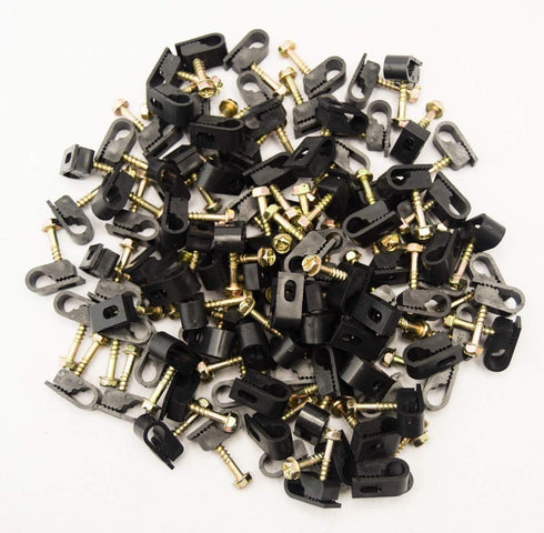 (TM) Flex Single Coaxial Cable Clips, Cat6, Electrical Wire Clip, 1/4 in (6 mm) Screw Clip, Black (100 Pieces)