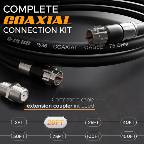 G-PLUG 20FT RG6 Coaxial Cable Connectors Set - High-Speed Internet, Broadband and Digital TV Aerial, Satellite Cable Extension - Weather-Sealed Double Rubber O-Ring and Compression Connectors Black