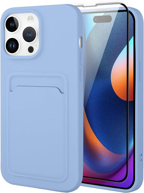 MZELQ Silicone Case for iPhone 15 Pro, Card Holder Camera Protection Cover + Screen Protector, Purple