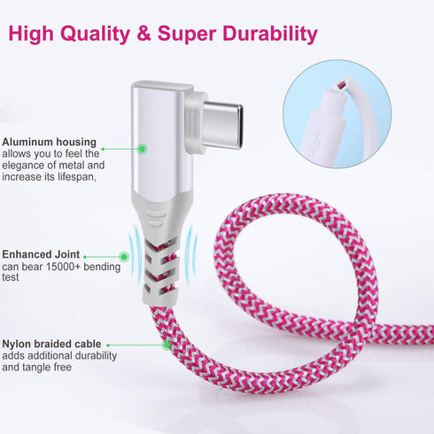 Pofesun 10ft USB C Charger Cable 3-Pack, Right Angle USB A to C, Fast Charging for Samsung Galaxy S24, Note 20, LG V50.
