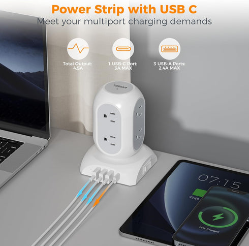 Surge Protector Power Strip Tower, TESSAN 10 Ft Extension Cord with 8 AC Outlets & 4 USB Ports