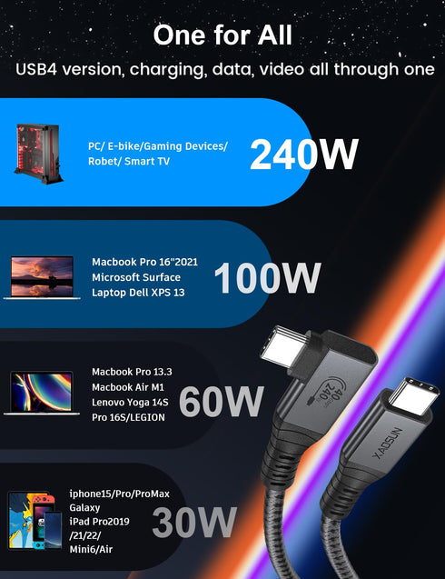 XAOSUN 240W Thunderbolt 4 Cable, 3.3ft Right Angle USB C to USB C, 40Gbps Data, 8K@60Hz for MacBook Docks & eGPU Hub.