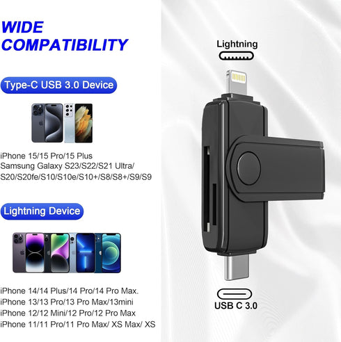 USB C Lightning SD Card Reader for iPhone 15 iPad Mac - 2 in 1 Micro SD/SD Card Adapter(Read two cards simultaneously), Portable Digital Camera Adapter Memory Card Reader, Plug and Play by Ardaddyn
