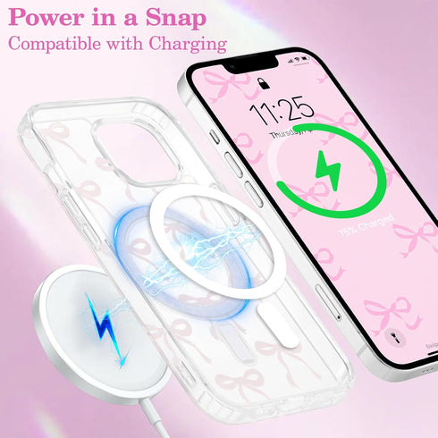 UEEBAI 15 Magnetic for iPhone Case, Bow Case Compatible with MagSafe, Wireless Slim Clear Ribbon Aesthetic Phone Cover