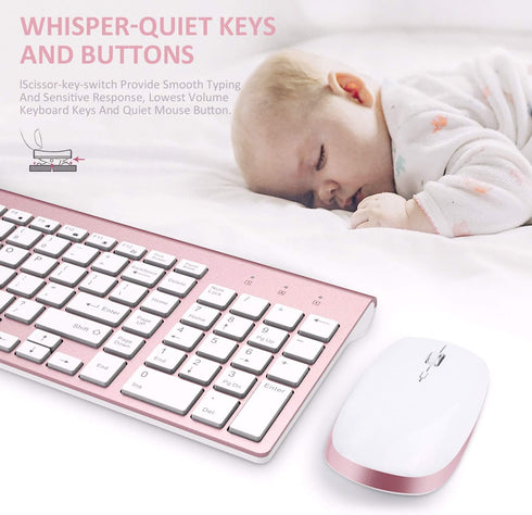 FENIFOX Wireless Keyboard and Mouse, Full-Size Compact, Whisper-Quiet, Compatible with Mac PC Laptop, Rose Gold Pink