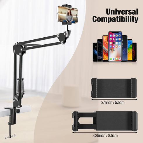 Overhead Phone Mount, Articulating Arm Cell Phone Holder with USB LED Light for Live Streaming, Video Recording