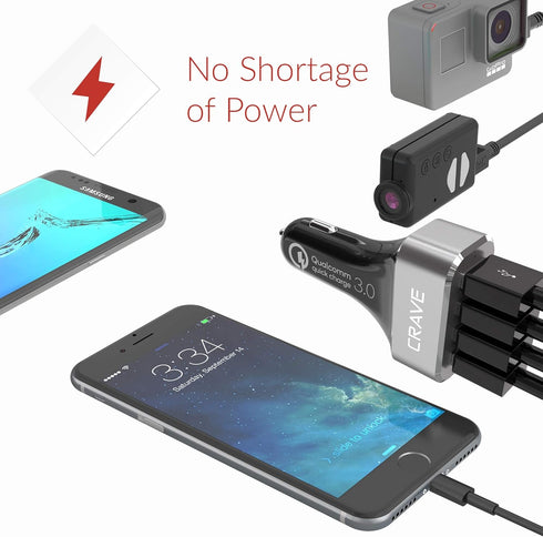 Crave CarHub 54W 4 Port USB Car Charger, Qualcomm Quick Charge 3.0, Black