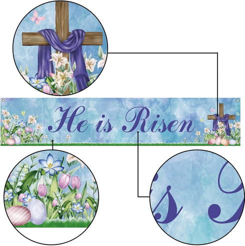 He is Risen Fence Banner, Easter Christian Cross Lily Eggs Religious Party Photo Booth Outdoor Decoration