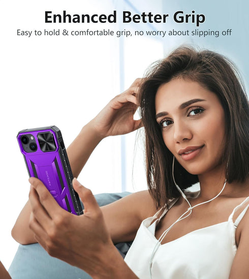 FNTCASE Heavy Duty Shockproof Cover for iPhone 15 Plus, Rugged Military Grade Protection with Kickstand, Purple