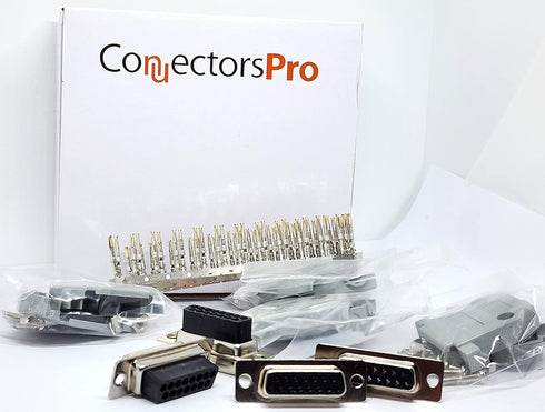 4 Sets Crimp Type DB15 Female + Plastic Hoods + Pins Set, D-Sub 15P Female Crimp Connector, Pin & Hood Kit (4 DB15 Female + 4 Hoods + 60 Pins)