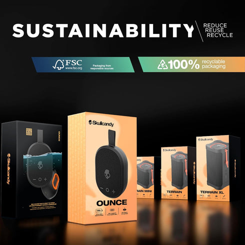 Skullcandy Ounce Wireless Bluetooth Speaker, IPX7 Waterproof Mini Portable Speaker with 16 Hour Battery, Black Strap