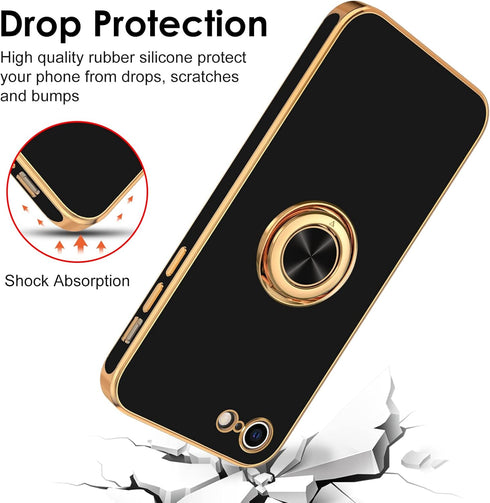Hython Black Case for iPhone SE 2022/2020, iPhone 7/8, with Rose Gold Ring Holder, Shockproof TPU Bumper & Camera