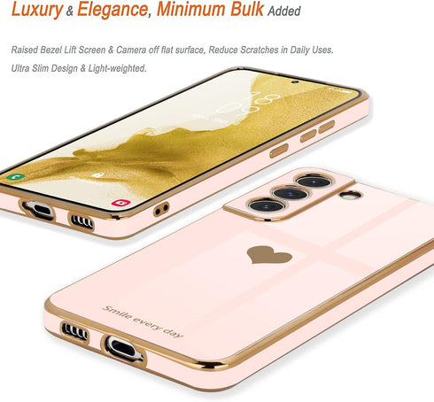 Teageo Light Pink Galaxy S22 5G Case for Women, Cute Love-Heart Luxury Bling Soft Back Cover with Camera Protection