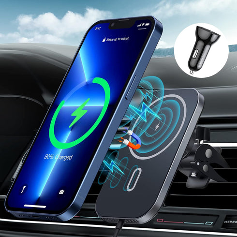 MagSafe Car Mount Charger with Adapter, Magnetic Wireless Charger for Car Vent, 360° Rotation, Compatible with iPhone