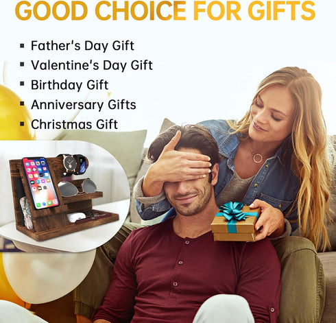 Wooden Phone Docking Station Organizer for Dad Birthday Gifts, Nightstand Organizer, Desk Organizer Wood Gifts for Men