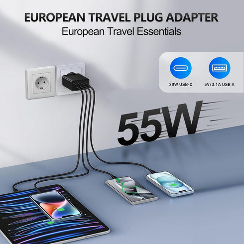 European USB C Charger, 55W European Travel Plug Adapter 4-Port USB C Fast Charging Block US to Europe Plug Adapter Type C Power Adaptor for iPhone 15 14 13 12 11 Pro Max XS X 8, Galaxy, Android
