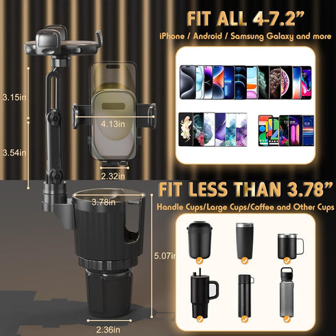 2 1 360Rotation Phone Holders for Your Car, in Universal Cup Holder Expander Adjustable Base with Phone Mount, Long Arm