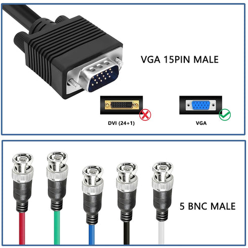 Cable,HD15 5 Cable-1.5M MAYWILLA VGA to BNC Adapter VGA Male to BNC Male RGBHV Coaxial High Resolution Monitor Breakout