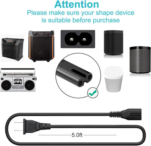 AC Power Supply Cord Cable Plug Compatible with ION Tailgater Plus Express,Sport XL Boombox Deluxe, Canon Printers LC-E8E CB-5L LP-E8, Philips Respironics, Sonos One One SL Sonos Play 1 3 5 Speakers