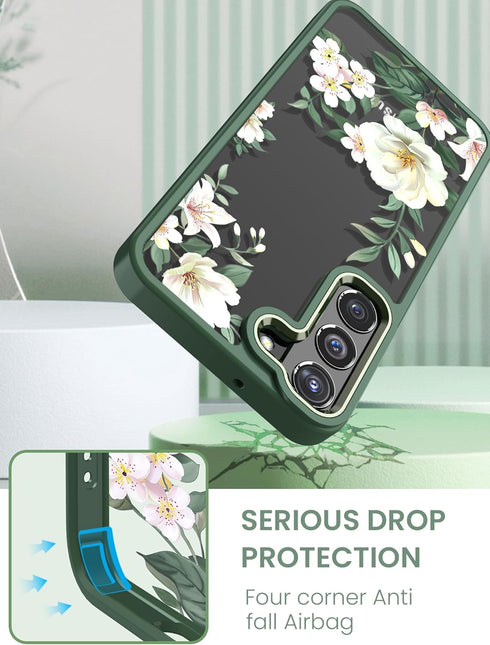 Dretal Galaxy S22 5G Case - Floral Military Grade, Slim Hard Back & Soft Edge + Tempered Glass Protector (Green)