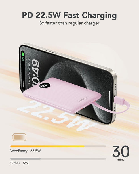 Mini Portable Charger with Built-in Cables, 22.5W Fast Charging Power Bank 10000mAh for iPhone, Samsung, Android