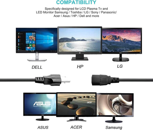 6FT 3 Prong Universal Power Cord Computer Monitor Cable C13 Plug for Dynex TV, ION Block Rocker Speaker, Superfit, BowFlex, Sole F63 F80 Treadmills,Samsung Lg Panasonic Philips Toshiba TV Replacement