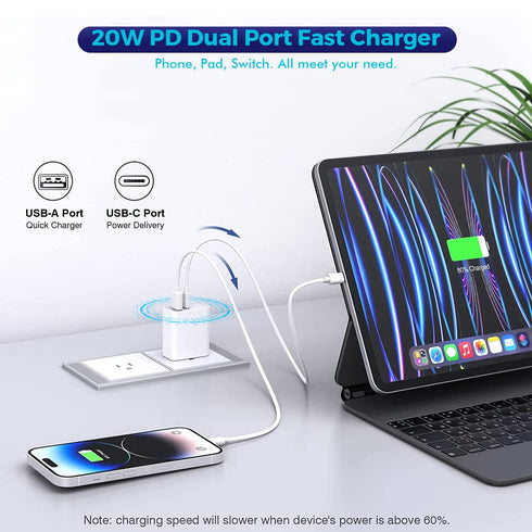 iPhone 15 Charger Block, 2Pack 20W Dual Port PD Fast USB C Wall Charger Adapter + USB A Quick Charging Brick Plug