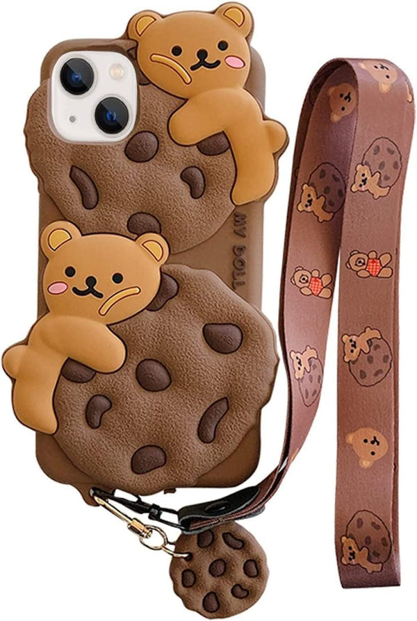 Yatchen iPhone 12 Pro Max Case, Bear Cookie Silicone Protective Cover with Strap Lanyard, Cartoon Kawaii for Women Girls