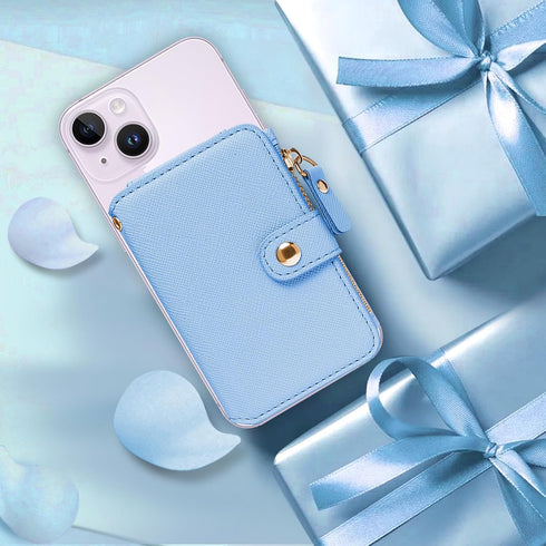 M-Plateau RFID Blocking Phone Wallet Stick on Leather, Attachable Card Holder for Most Smartphones (Sky Blue)