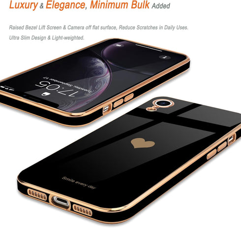 Teageo Compatible with iPhone Xr Case Black - Cute Love-Heart Luxury Bling Plating Soft Back Cover, Raised Full Camera
