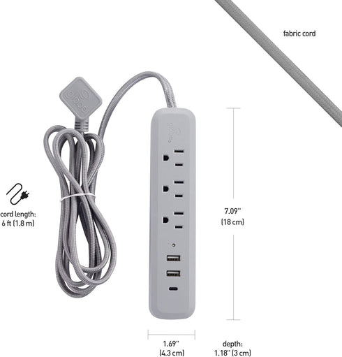 Globe Electric 6-ft 3-Outlet USB Surge Protector Power Strip, 2x USB-A, 1x USB-C, Right Angle Plug, Gray