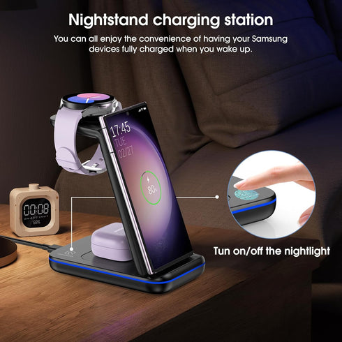 Fast Wireless Charging Station for Samsung/Android, Compatible with Galaxy S24/S23+/S22/Z Flip 6/5, Watch7/6/5/Pro