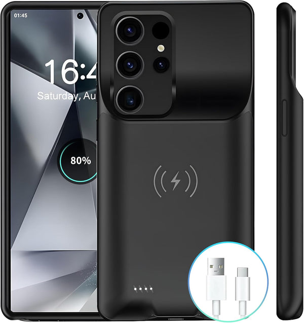 Battery Case for Galaxy S24 Ultra, 10000mAh Black - Extended Power Bank and Wireless Charger Case