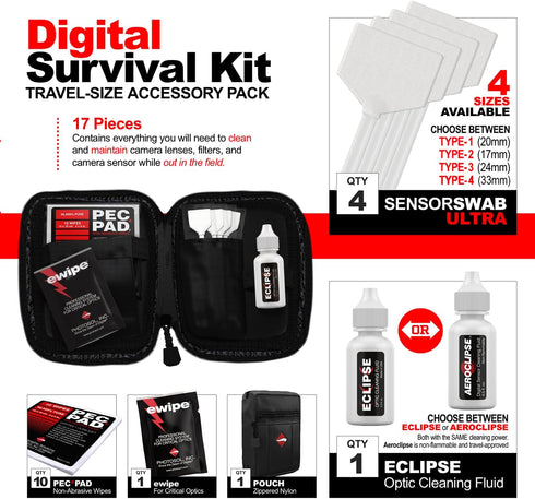Photographic Solutions Digital Survival Kit, Camera Cleaning Kit with Sensor Swabs, Wipes, and Travel Bag
