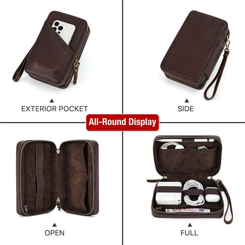 Electronic Organizer Case Tech Kit, Handmade Leather, Portable Travel Storage for Phone, USB Cables, Chargers