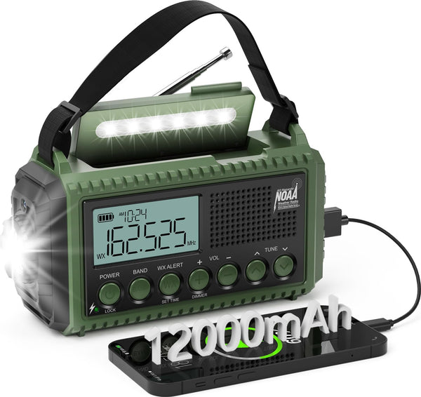 Emergency Radio Weather Radio 12000mAh, AUTO NOAA Solar Hand Crank Radio, AM/FM/SW/NOAA Portable Radio