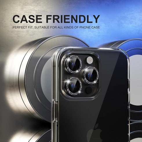 Choiche Bling Camera Lens Protector for iPhone 15 Pro/Pro Max, 9H Tempered Glass, Glitter-Black, Metal Ring Decor.