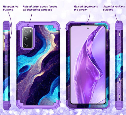Hocase Heavy Duty Shockproof Case for Galaxy S20 FE 5G, Soft Silicone Rubber + Hard Plastic Bumper - Blue Purple Marble