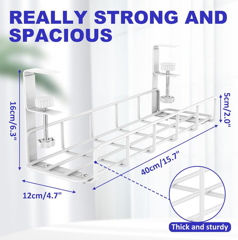 Under Desk Cable Management Tray, 15.7'' White Steel Cable Organizers, Wire Management Rack, 2 Pack