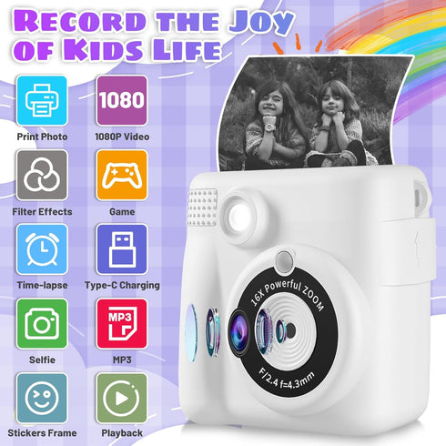 Instant Print Camera, Kids 1080P HD Digital Camera with 32G SD Card, 3 Rolls Photo Paper & 6 Color Pencils, Age 6-12