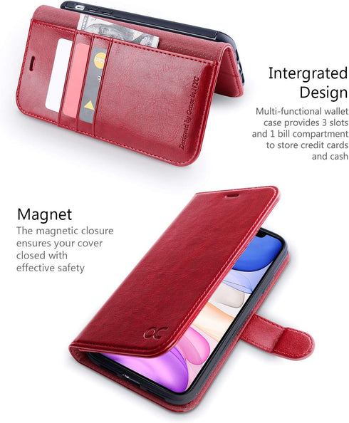 OCASE iPhone 11 Wallet Case, PU Leather Flip Case with Card Holder, Kickstand, Magnetic Closure, Red