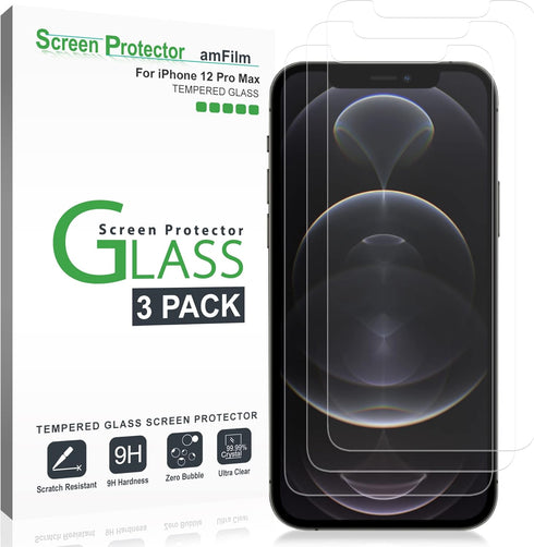 amFilm Tempered Glass Screen Protector for iPhone 12 Pro Max 6.7" (2020) - 3 Pack with Easy Installation Tray