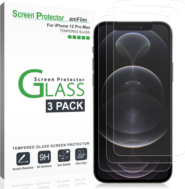 amFilm Tempered Glass Screen Protector for iPhone 12 Pro Max 6.7" (2020) - 3 Pack with Easy Installation Tray